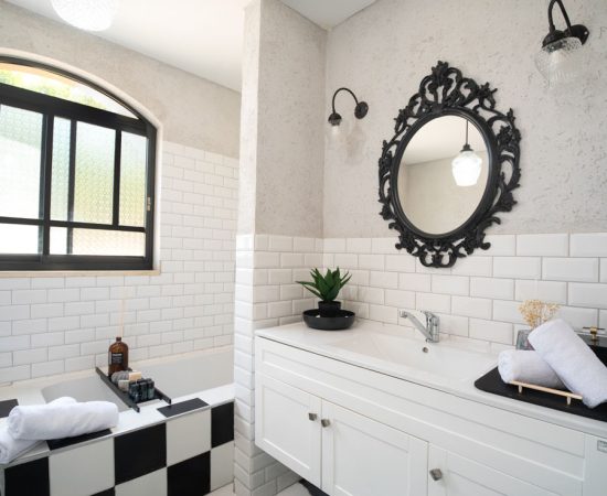 צילום חדר רחצה לבן עם מראה שחורה ואריחים בסגנון קלאסי